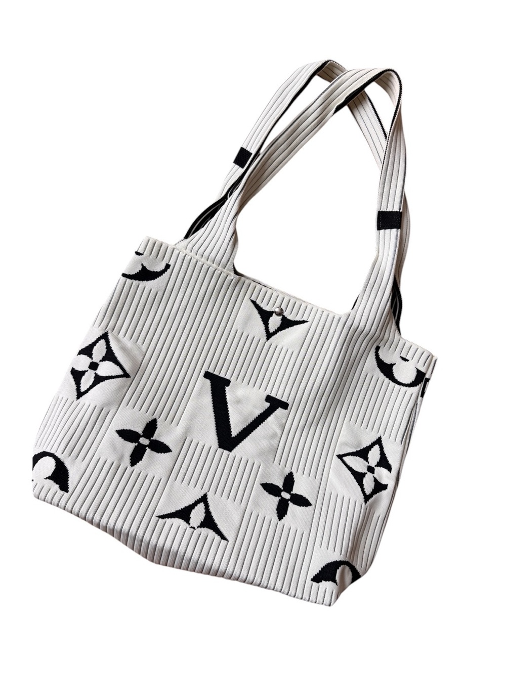 Textured Knit Tote Bag Black White Oversized Shoulder Bag Travel Beach Carryall - Picture 4 of 5